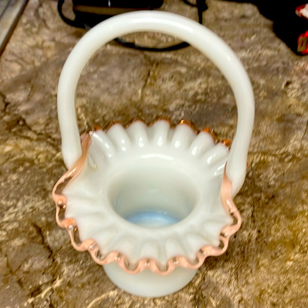 White and Pink Crested Fenton Style Basket
